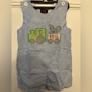 Striped Blue Baby Romper with Easter Bunny Train Design Size 12-18 months